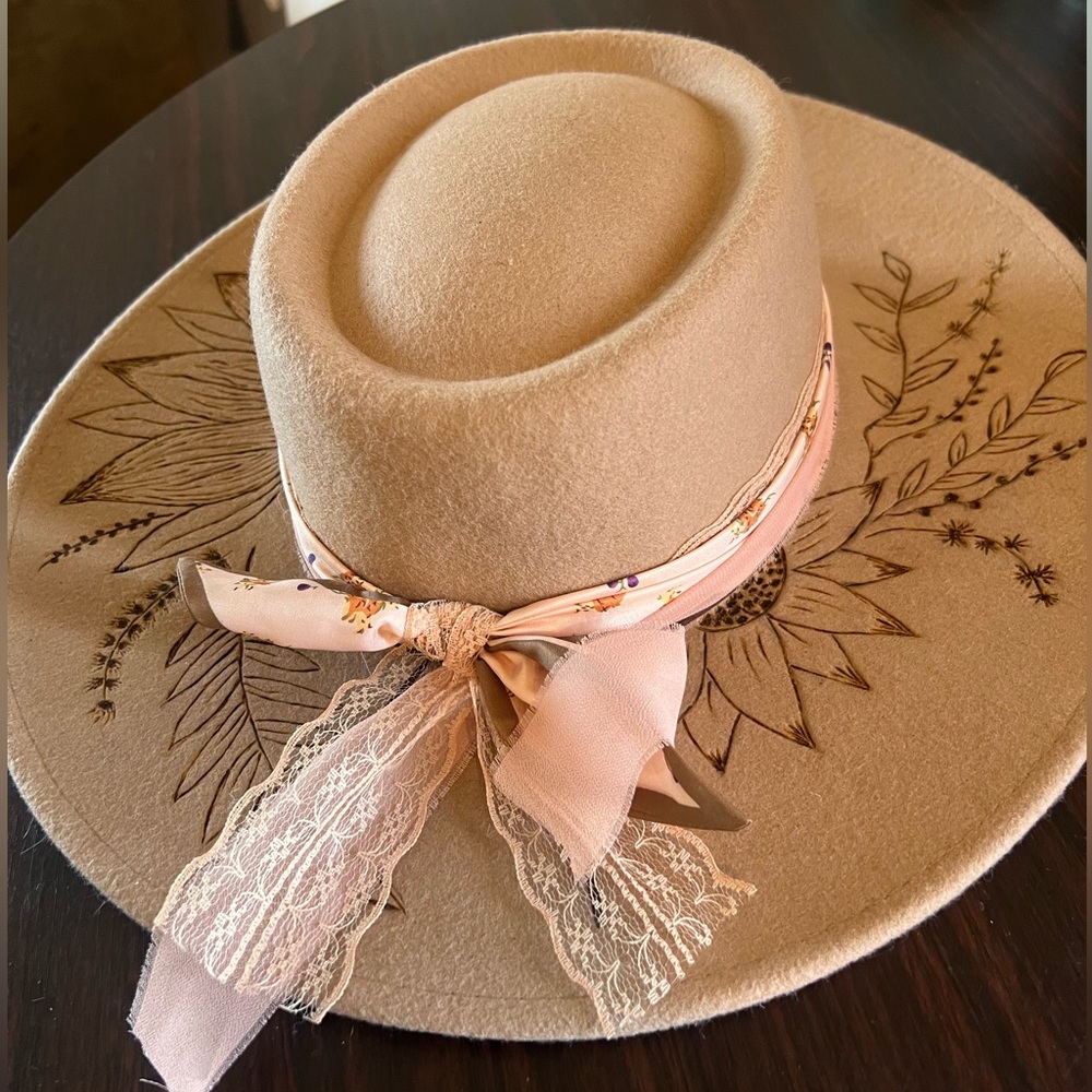 100% Wool Custom Burned FarmHouse Wide Brim Hat